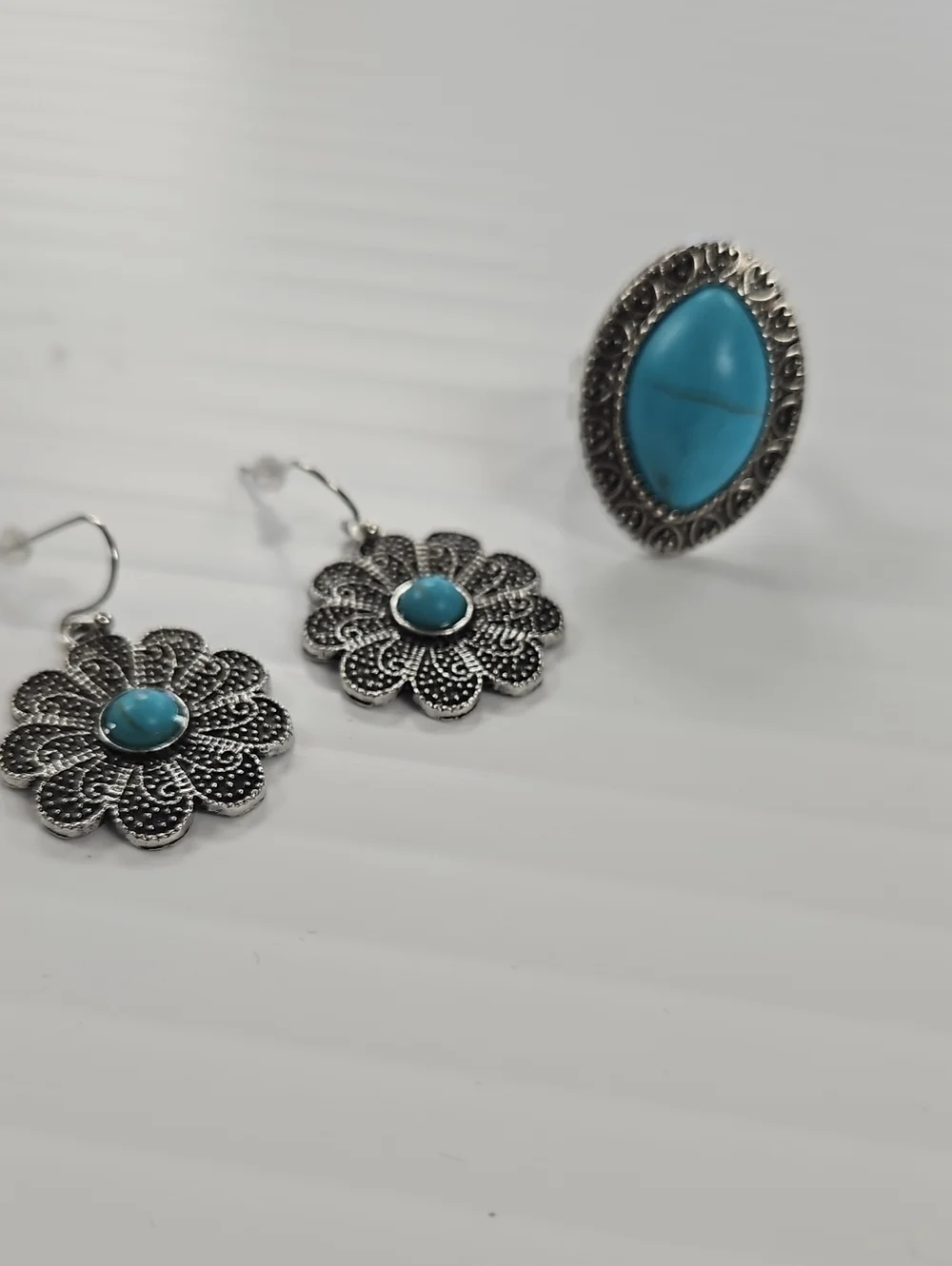Turquoise Silver Flower Drop Earrings and Ring Set